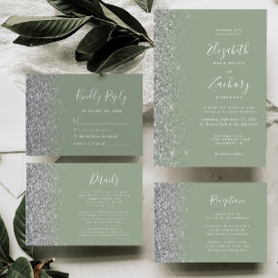 Sage Green Silver Glitter Edge Wedding Details Enclosure Card