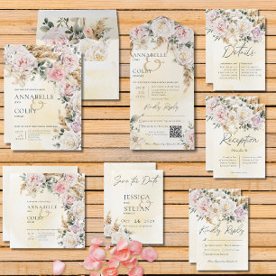 Boho Pampas & Pink Roses Cream Wedding Invitation