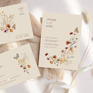 Rustic Brown Wildflowers and Butterflies Wedding Save The Date