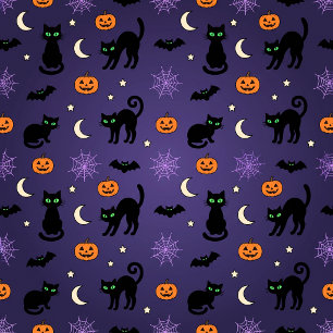 Black Cats Pumpkins Bats Purple Halloween Wrapping Paper