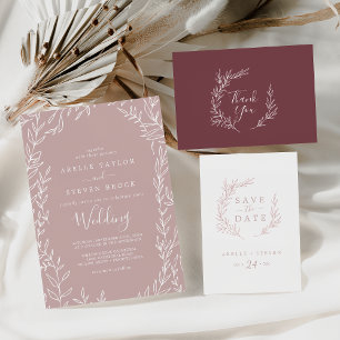 Minimal Leaf   Dusty Rose Wedding Invitation