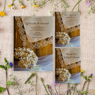 Country Lace Flowers Barn Wedding Thank You Notes