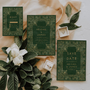 Vintage Book Green Gold Wedding Invitation
