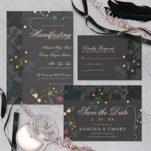 Dark Grey Moody Boho Abstract Floral Handfasting Invitation