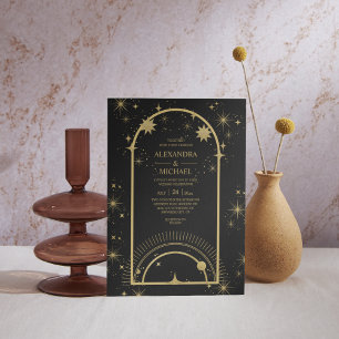 Mystical Black Gold Celestial Stars Wedding  Thank You Card