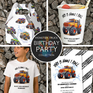 Exciting Orange Monster Truck Boys Birthday Party Invitation