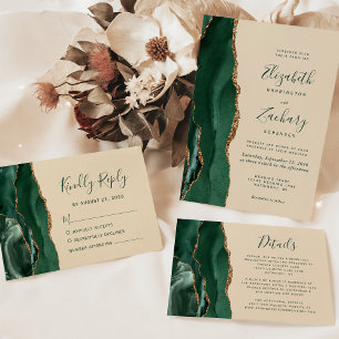 Modern Emerald Green Gold Agate Champagne Wedding Invitation