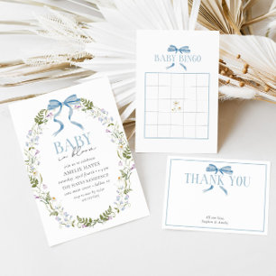 Blue Baby Shower Spring Floral Bow Diaper Raffle Thank You Card