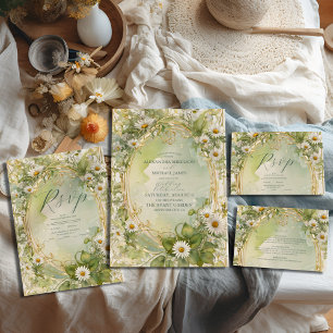Nouveau Daisies Ivory Green Wedding All In One Invitation