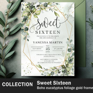 Boho greenery leaves gold geometric sweet sixteen invitation