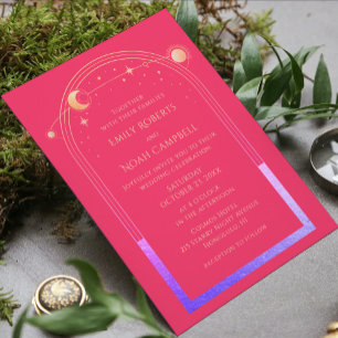 Celestial Chic Fuchsia Pink Star Moon Photo Space Invitation