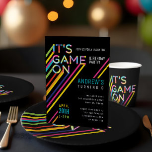 It's Game On Colourful Neon Laser Tag Birthday Invitation