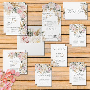 Boho Pampas & Pink Roses Cream Wedding Invitation