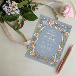 Vintage Dusty Blue Floral Bird Watercolor Wedding Invitation