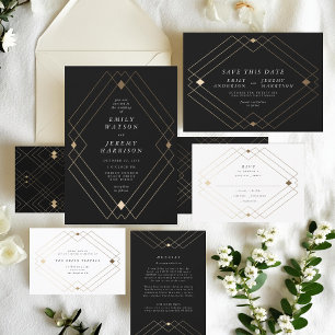 Gold Diamond Black Geometric Deco Gatsby Wedding Enclosure Card