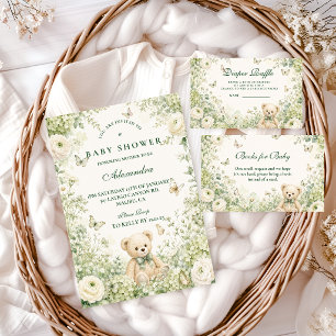 Whimsical Green Teddy Bear Baby Shower Invitation