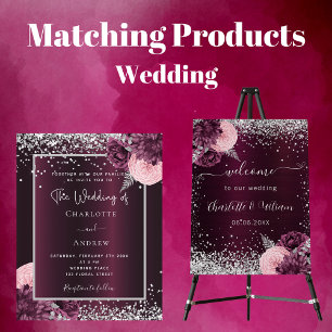 Burgundy silver floral stylish wedding invitation