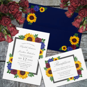 Sunflower Rose Floral Wedding Reception Card