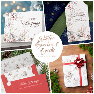 Modern Winter Berries Birds Christmas Card