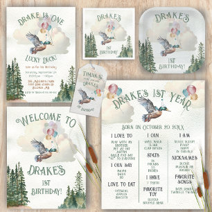 Lucky Duck watercolor Turning One Birthday Party Invitation