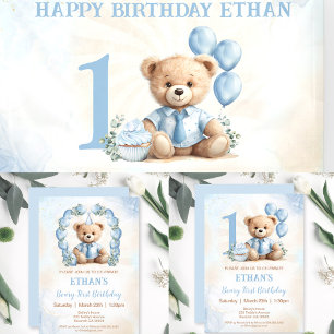Teddy Bear 1st Birthday Blue Beige Baby T-shirt