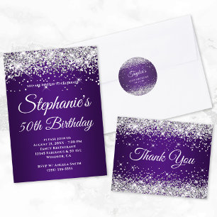 Glittery Silver Royal Purple 40th Birthday Thank You Card