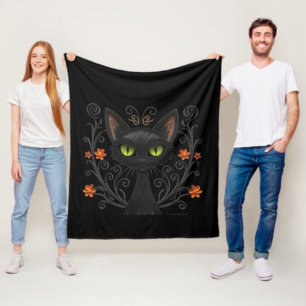  Black Cat Green Eyes Filigree Design Fleece Blanket