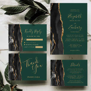 Black Gold Agate Emerald Green Wedding Invitation