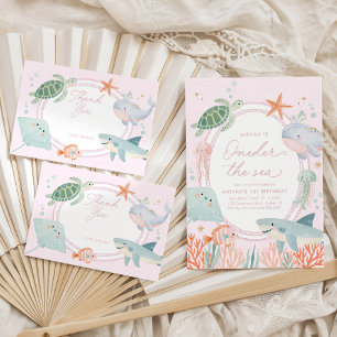 Oneder the Sea Pink Nautical Ocean 1st Birthday Invitation