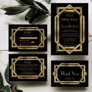 Black Gold Vintage 1920s Deco Frame Wedding Invitation