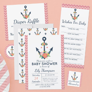 Nautical Anchor Floral Baby Girl Shower Invitation