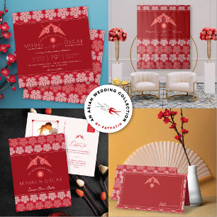Origami Red Paper Cranes & Sakura 囍 Asian Wedding Invitation
