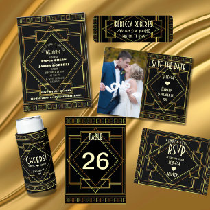 Geometric Gold black great gatsby Art Deco wedding Invitation