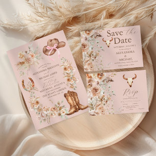 Pink Boho Floral Western Wedding RSVP Card