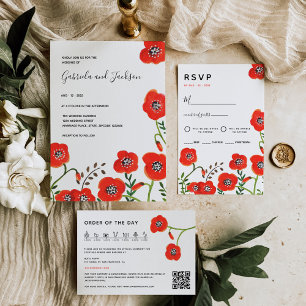 Red poppies modern floral wedding menu
