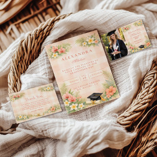 Tropical Gingham Floral Graduation RSVP Card
