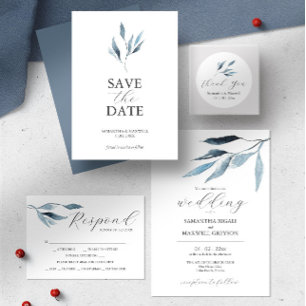 Minimal Leaf Dusty Blue Wedding Invitation