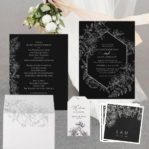 Simple Elegant Black Floral RSVP QR Code Option Enclosure Card