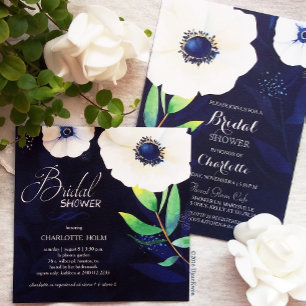 White Anemones Navy Blue Wedding Invitation