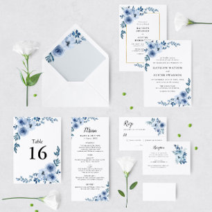 Elegant script blue flowers wedding invitation