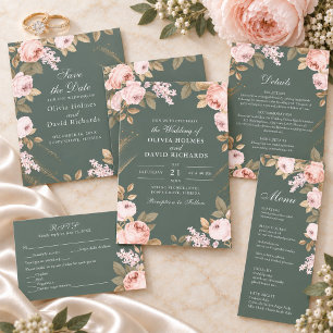 Bohemian Sage Green Peonies Wedding Invitation