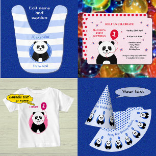 Cute panda first birthday party pink invitation