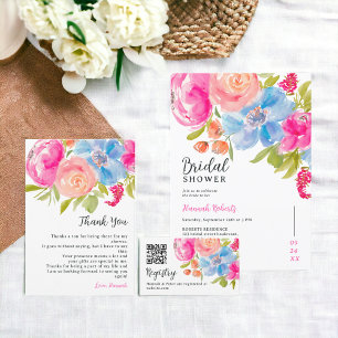 Pretty pink blue floral watercolor bridal registry enclosure card