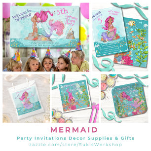 Whimsical Pink Hair Mermaid Girl Birthday Party Invitation