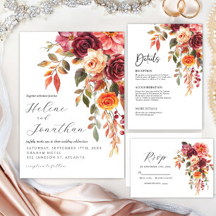 Burgundy Burnt Orange Floral Elegant Wedding Invitation