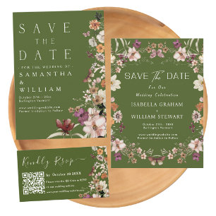 Rustic Wildflower Moss Green Boho Save The Date Invitation