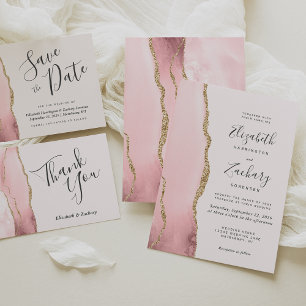 Modern Blush Pink Gold Agate Wedding Invitation