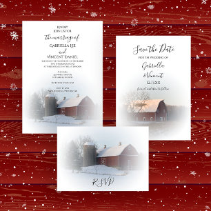 Snow Covered Barn and Silo Winter Wedding RSVP