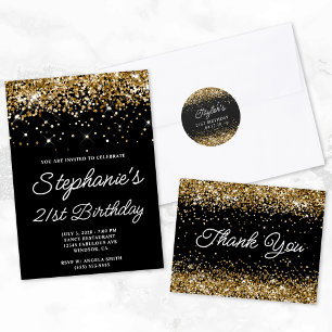 Gold Glitter Black Monogram 50th Birthday Invitation