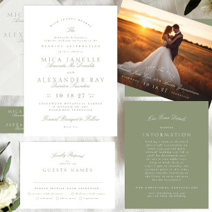 Sage Green White Classic Elegant Formal Wedding Invitation